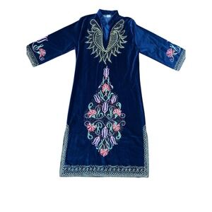 Boho Whimsigoth Steampunk Blue Velvet Embroidered Maxi Dress Made in Turkey Sz 3